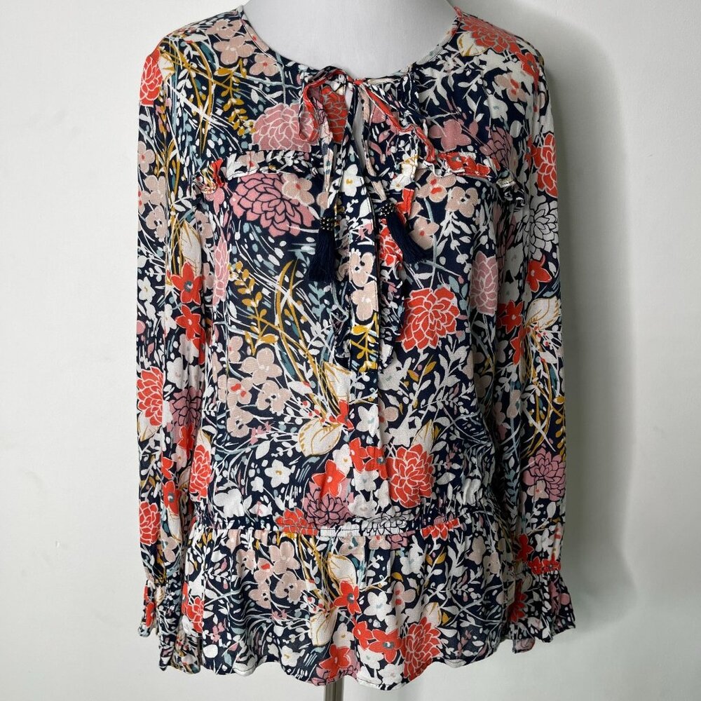 Maeve Women's Blue Orange Floral Print Begonia Peasant Blouse Size Small